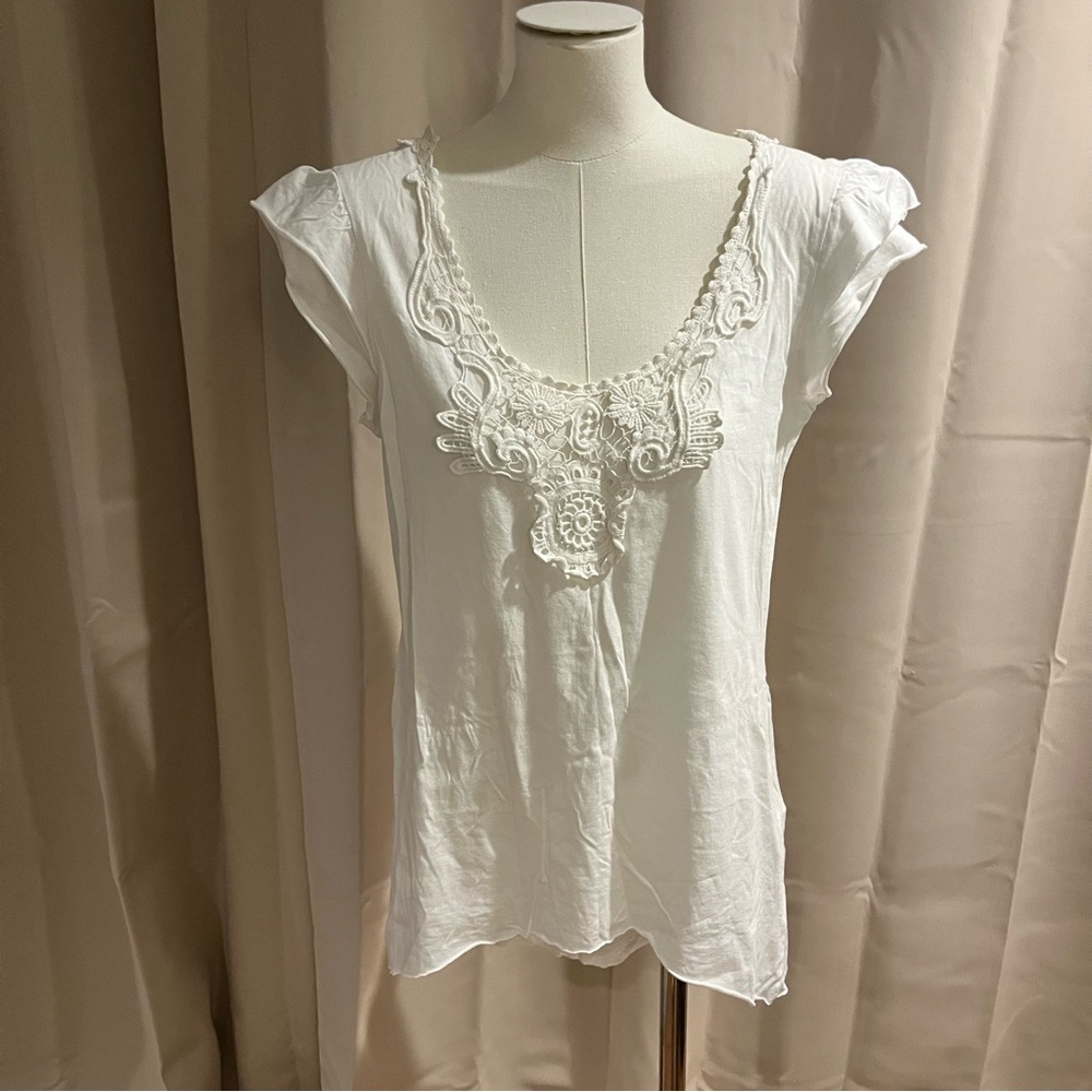 Zara Trafaluc Scoop Neck White Embroidered Top